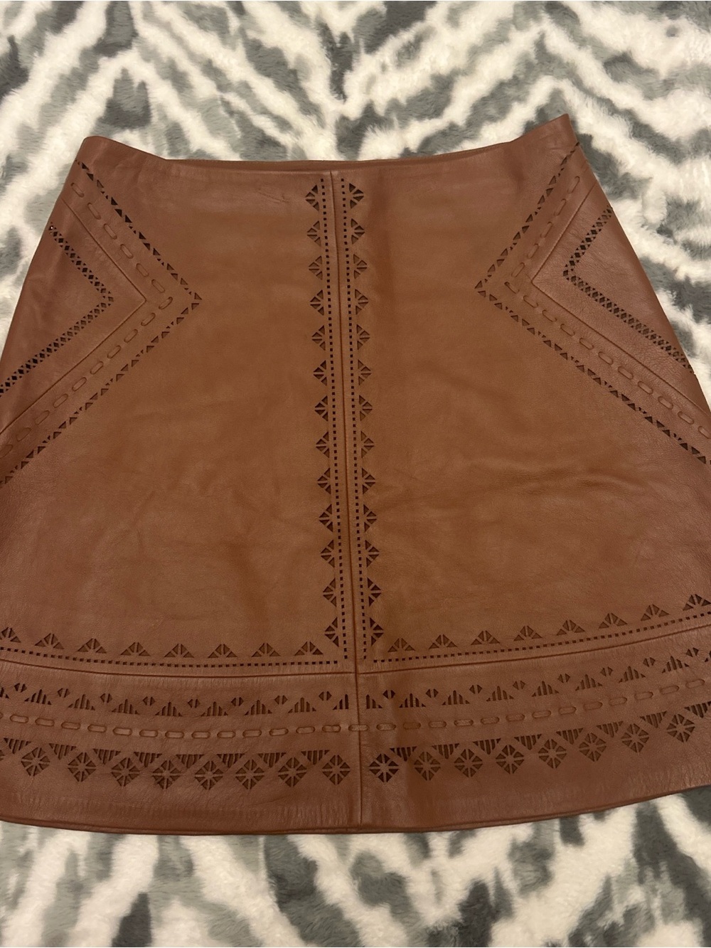 White House Black Market Brown Faux Leather A-Line Skirt with Laser-Cut Motif